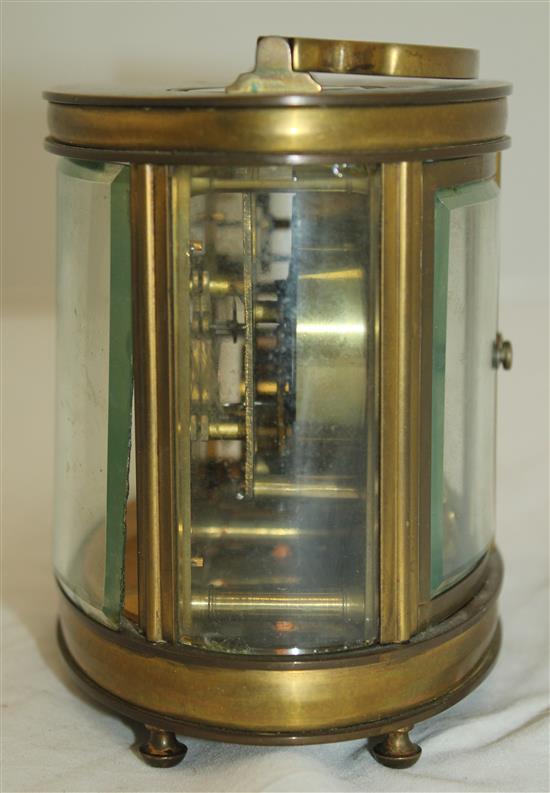 An early 20th century Duvernoy brass combined carriage timepiece and barometer, width 6in.